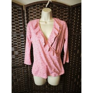 J MCLAUGHLIN DURHAM Sz XS Red Multi Ruffle V-Neck Catalina Cloth‎ 3/4 Sleeve Top